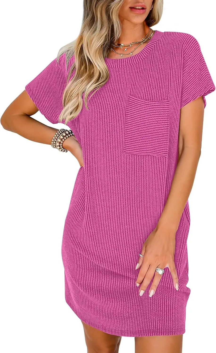 ANRABESS Womens Casual Summer Ribbed Knit Tunic Tshirt Mini Dresses 2025 Trendy Crewneck Short Sleeve Beach Loose Shift Dress