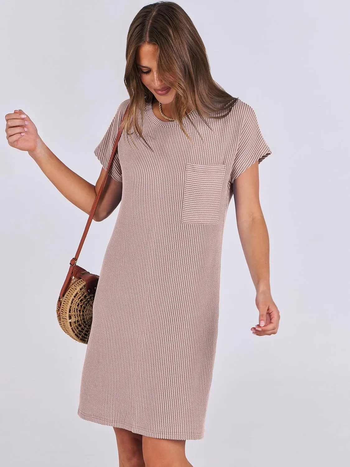 ANRABESS Womens Casual Summer Ribbed Knit Tunic Tshirt Mini Dresses 2025 Trendy Crewneck Short Sleeve Beach Loose Shift Dress