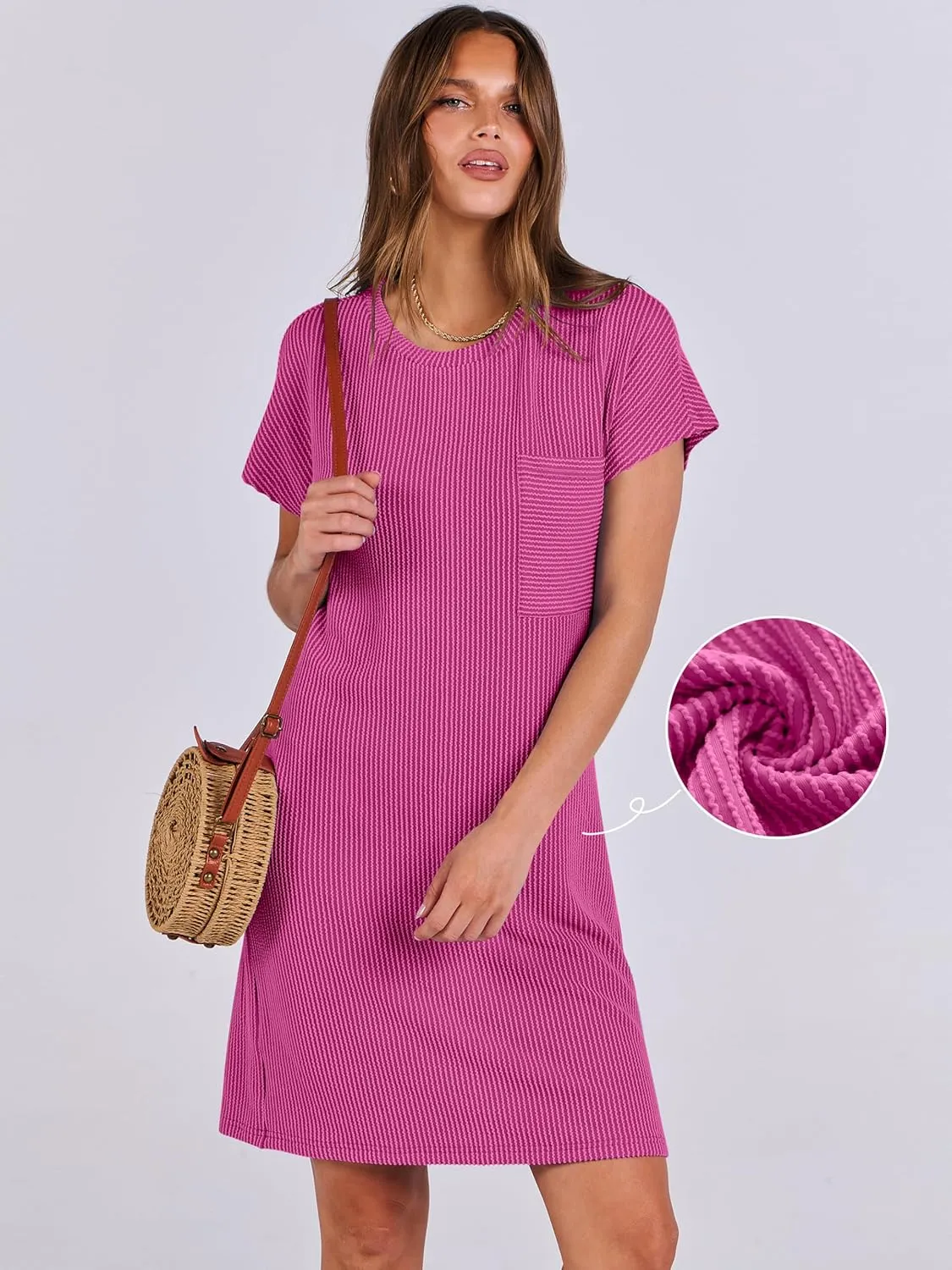 ANRABESS Womens Casual Summer Ribbed Knit Tunic Tshirt Mini Dresses 2025 Trendy Crewneck Short Sleeve Beach Loose Shift Dress