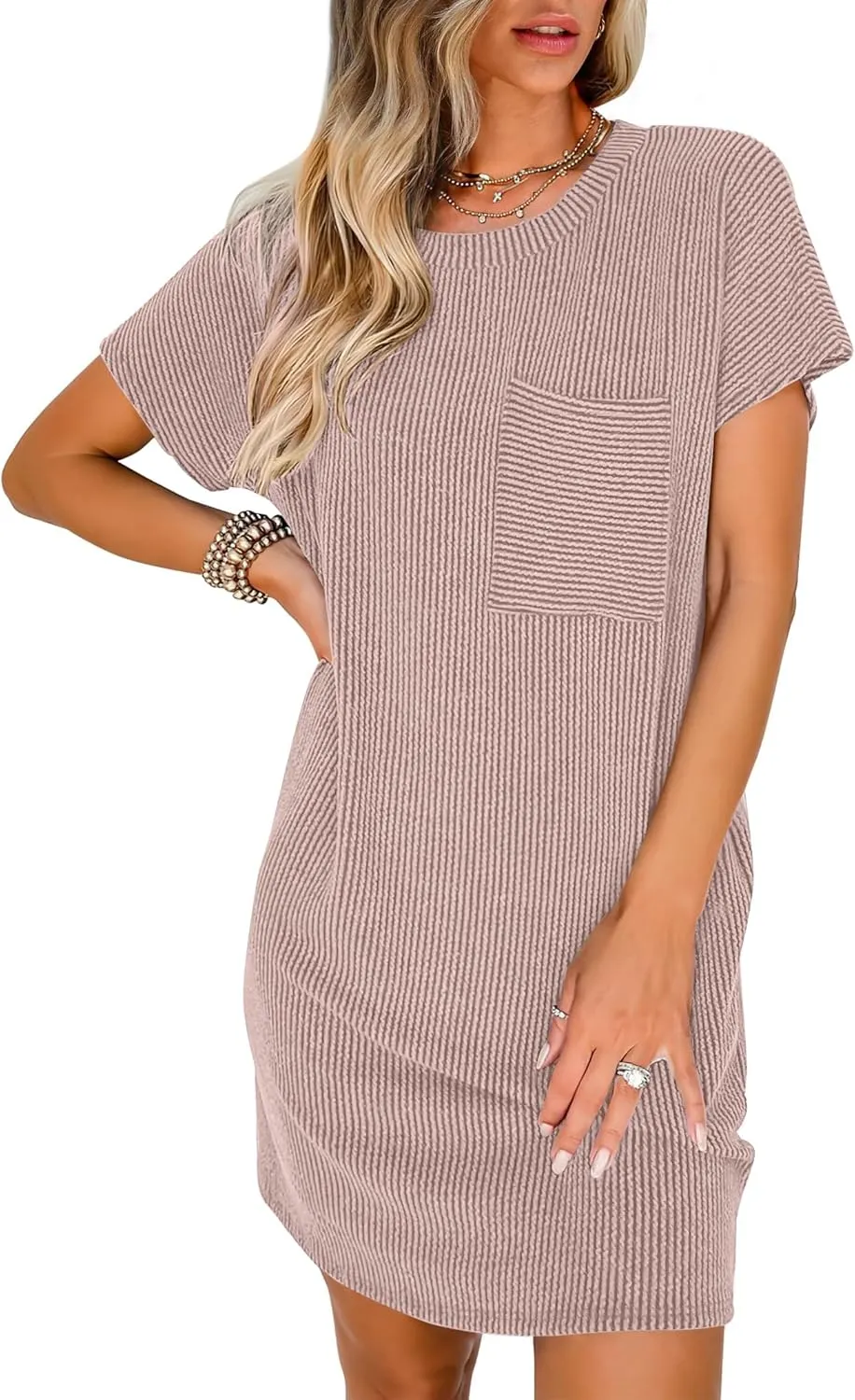 ANRABESS Womens Casual Summer Ribbed Knit Tunic Tshirt Mini Dresses 2025 Trendy Crewneck Short Sleeve Beach Loose Shift Dress