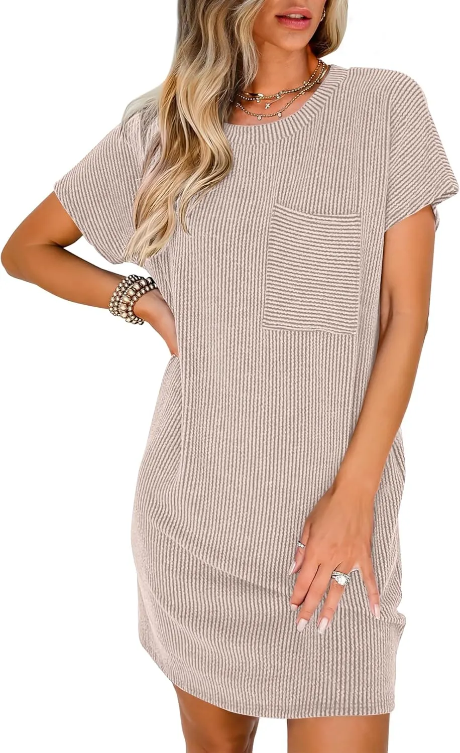 ANRABESS Womens Casual Summer Ribbed Knit Tunic Tshirt Mini Dresses 2025 Trendy Crewneck Short Sleeve Beach Loose Shift Dress