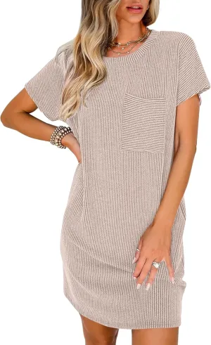ANRABESS Womens Casual Summer Ribbed Knit Tunic Tshirt Mini Dresses 2025 Trendy Crewneck Short Sleeve Beach Loose Shift Dress