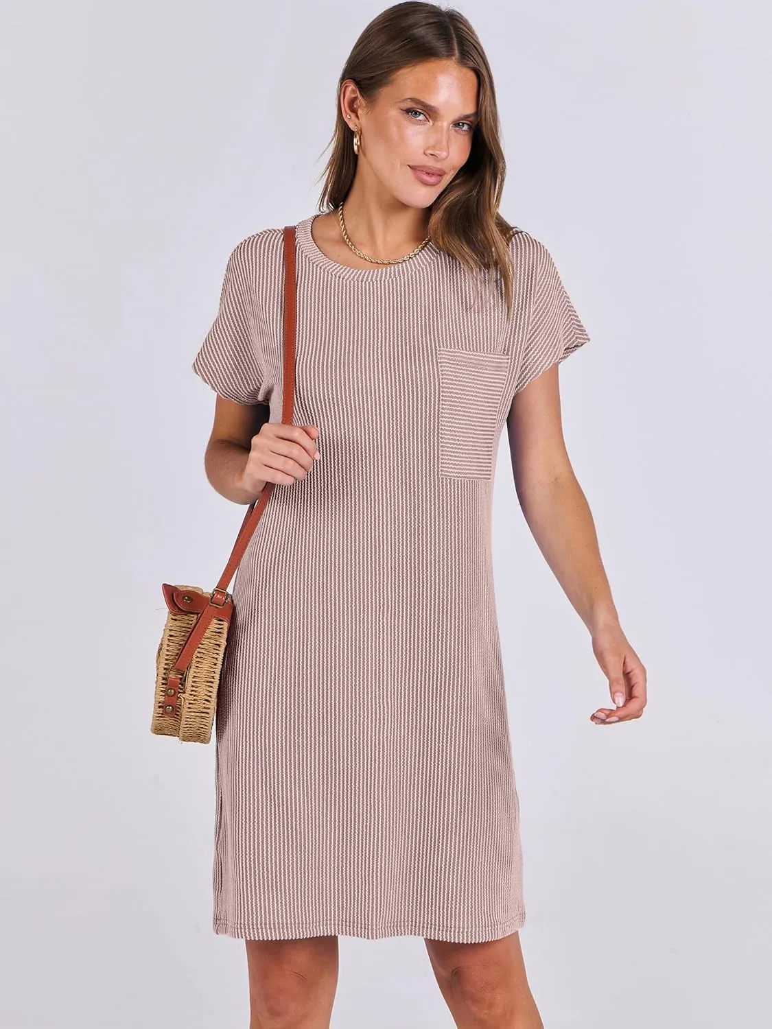 ANRABESS Womens Casual Summer Ribbed Knit Tunic Tshirt Mini Dresses 2025 Trendy Crewneck Short Sleeve Beach Loose Shift Dress