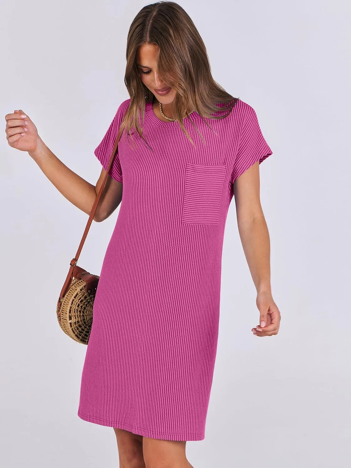ANRABESS Womens Casual Summer Ribbed Knit Tunic Tshirt Mini Dresses 2025 Trendy Crewneck Short Sleeve Beach Loose Shift Dress