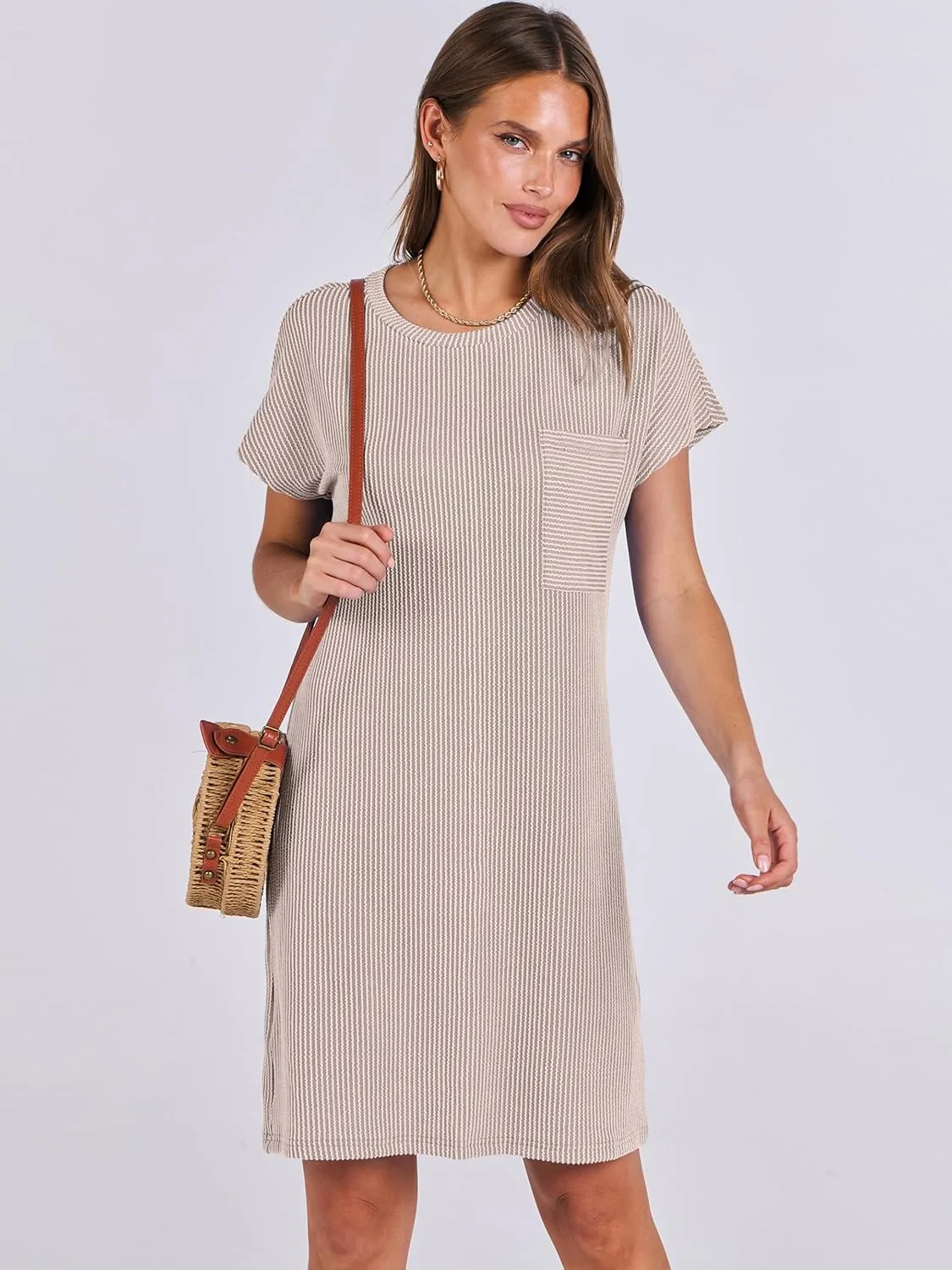 ANRABESS Womens Casual Summer Ribbed Knit Tunic Tshirt Mini Dresses 2025 Trendy Crewneck Short Sleeve Beach Loose Shift Dress