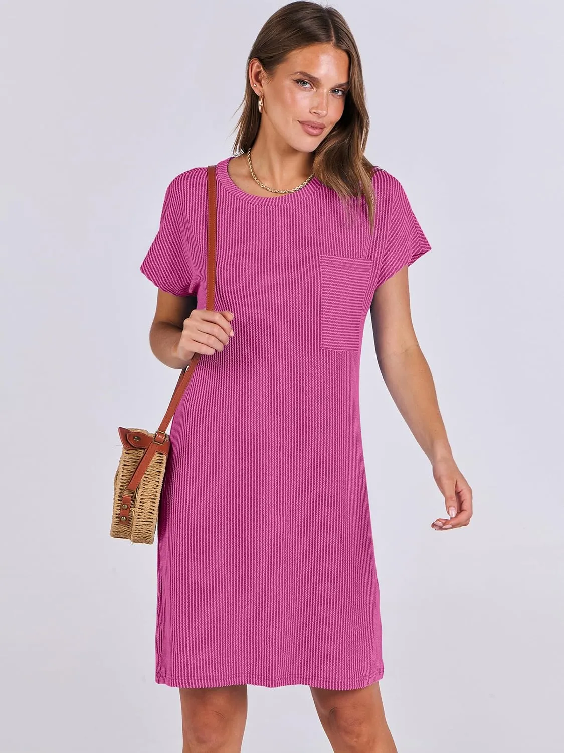 ANRABESS Womens Casual Summer Ribbed Knit Tunic Tshirt Mini Dresses 2025 Trendy Crewneck Short Sleeve Beach Loose Shift Dress