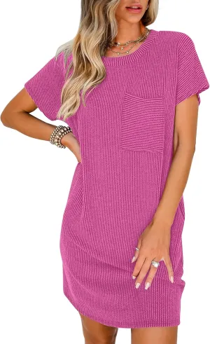 ANRABESS Womens Casual Summer Ribbed Knit Tunic Tshirt Mini Dresses 2025 Trendy Crewneck Short Sleeve Beach Loose Shift Dress