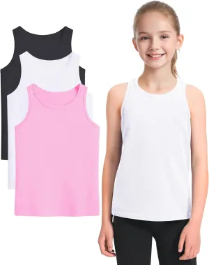 Auranso Girls Tank Tops Sleeveless Racerback Athletic Shirts Cotton Dance Outfit Workout Tops 3 Pack