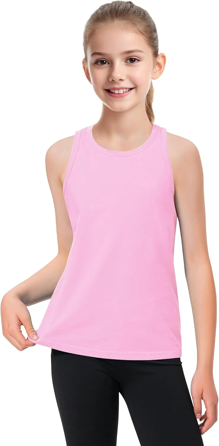 Auranso Girls Tank Tops Sleeveless Racerback Athletic Shirts Cotton Dance Outfit Workout Tops 3 Pack
