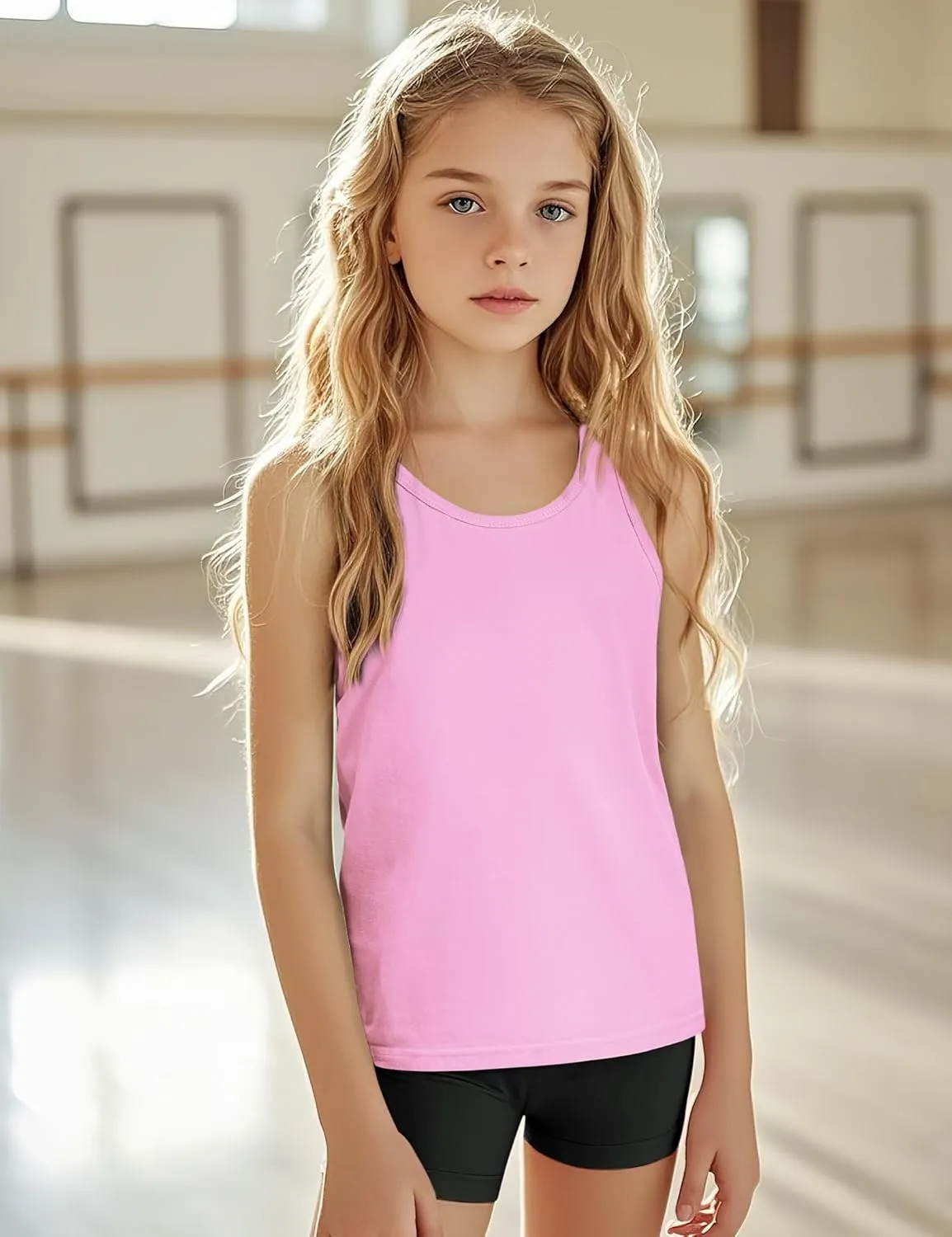 Auranso Girls Tank Tops Sleeveless Racerback Athletic Shirts Cotton Dance Outfit Workout Tops 3 Pack