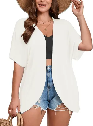 AusLook Women's Plus Size Lightweight Open Front Cardigan 3/4 Sleeve Cover Ups Shrugs Shawls and Wraps Kimono Jacket Coat