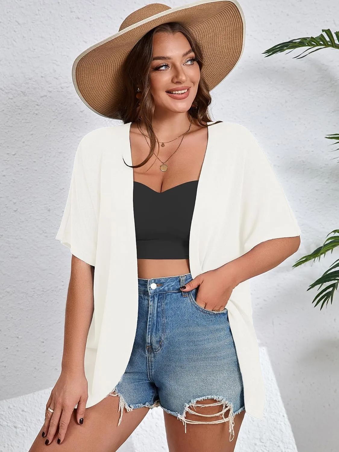 AusLook Women's Plus Size Lightweight Open Front Cardigan 3/4 Sleeve Cover Ups Shrugs Shawls and Wraps Kimono Jacket Coat