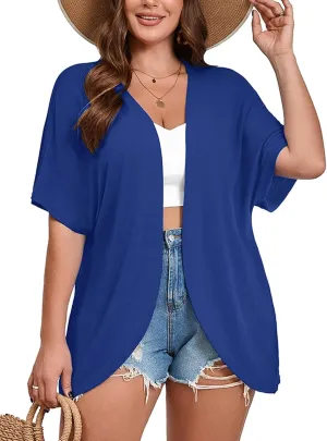 AusLook Women's Plus Size Short Sleeve Lightweight Open Front Cardigan Royal Blue 3X Cover Ups Shrugs Shawls and Wraps Kimono Jacket