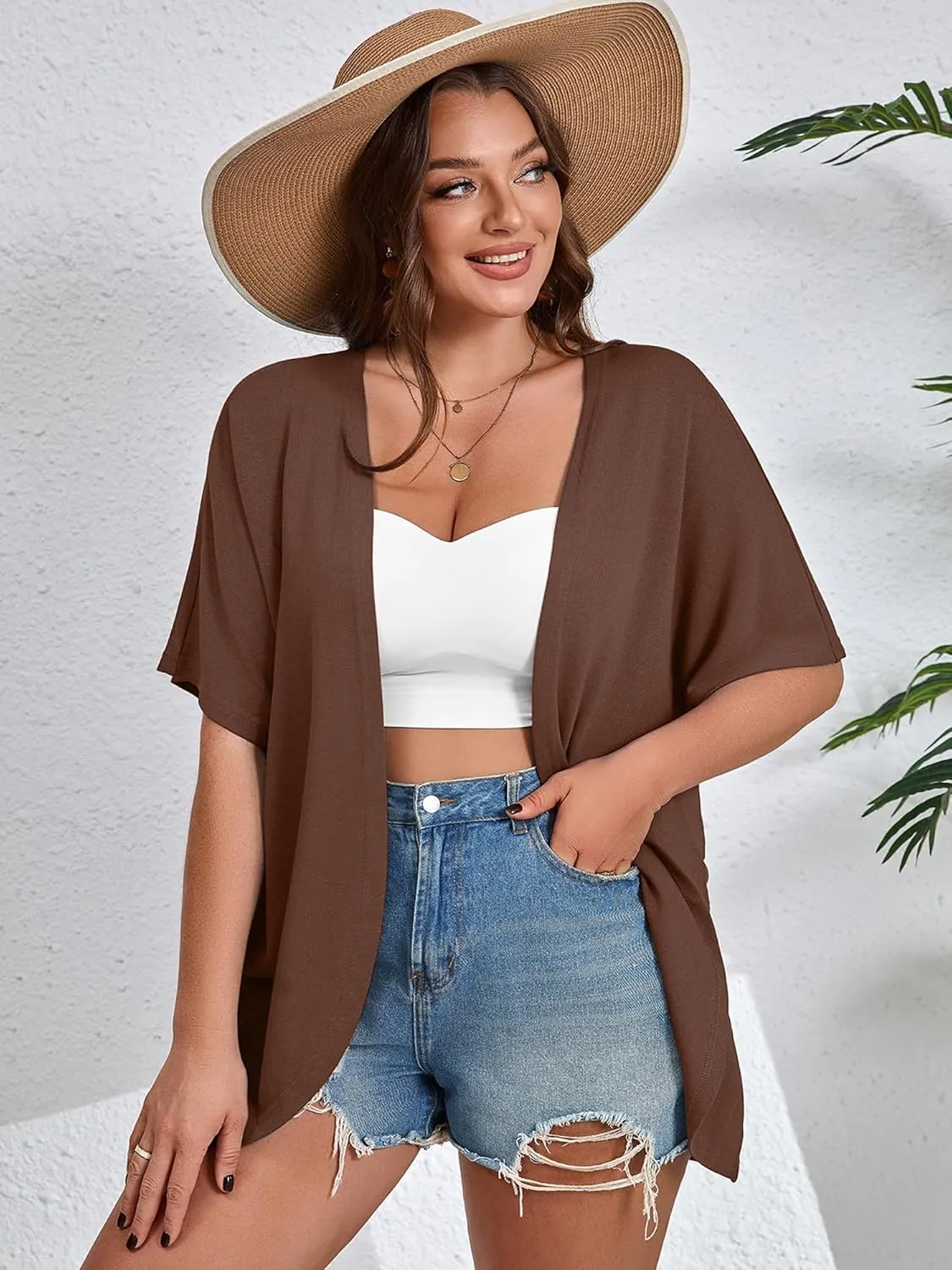 AusLook Women's Plus Size Short Sleeve Shawls and Wraps Lightweight Open Front Cardigan Cover Ups Shrugs Kimono Jacket Coat