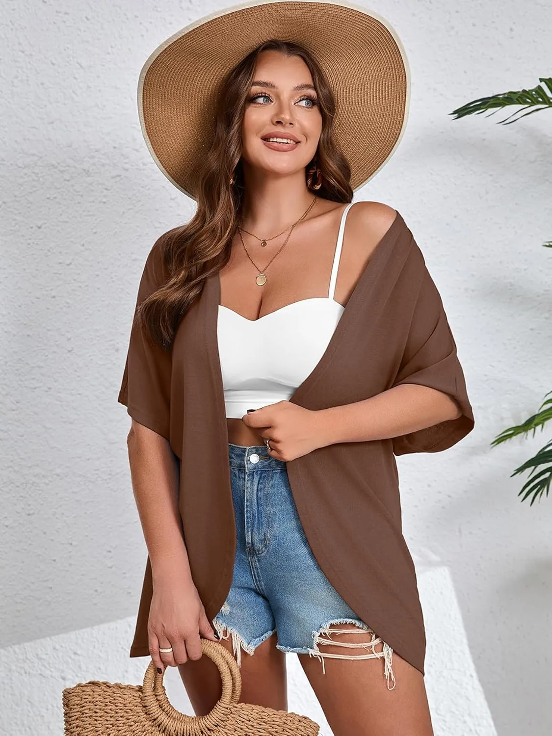 AusLook Women's Plus Size Short Sleeve Shawls and Wraps Lightweight Open Front Cardigan Cover Ups Shrugs Kimono Jacket Coat