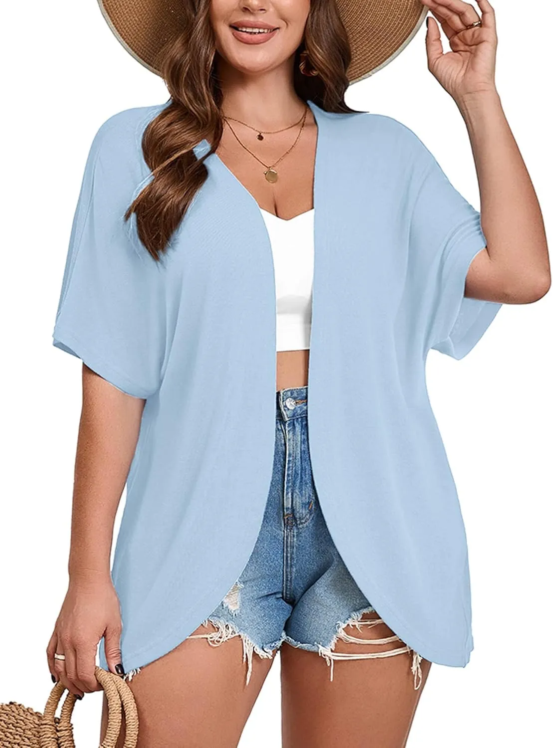 AusLook Women's Plus Size Short Sleeve Shawls and Wraps Lightweight Open Front Cardigan Cover Ups Shrugs Kimono Jacket Coat