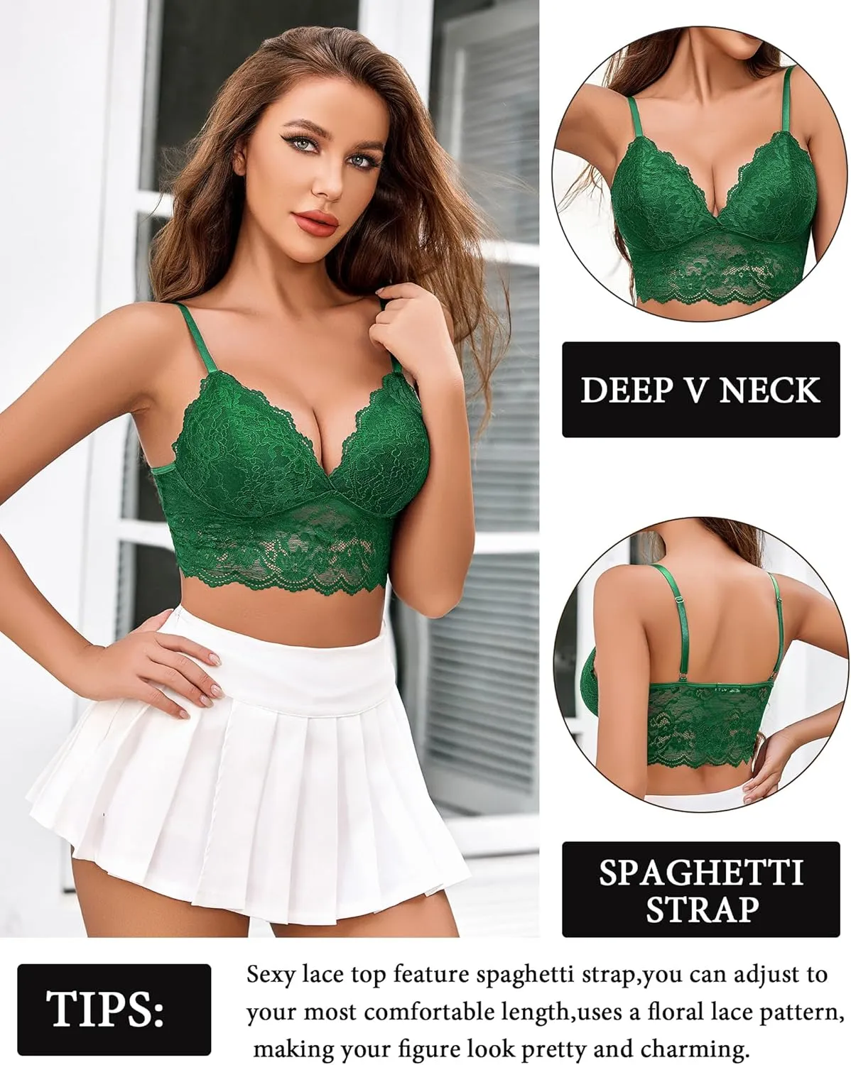 Avidlove Bralettes for Women V Neck Spaghetti Strap Bra Lace Tops Sexy Cami Crop Top Going Out Lingerie Outfits
