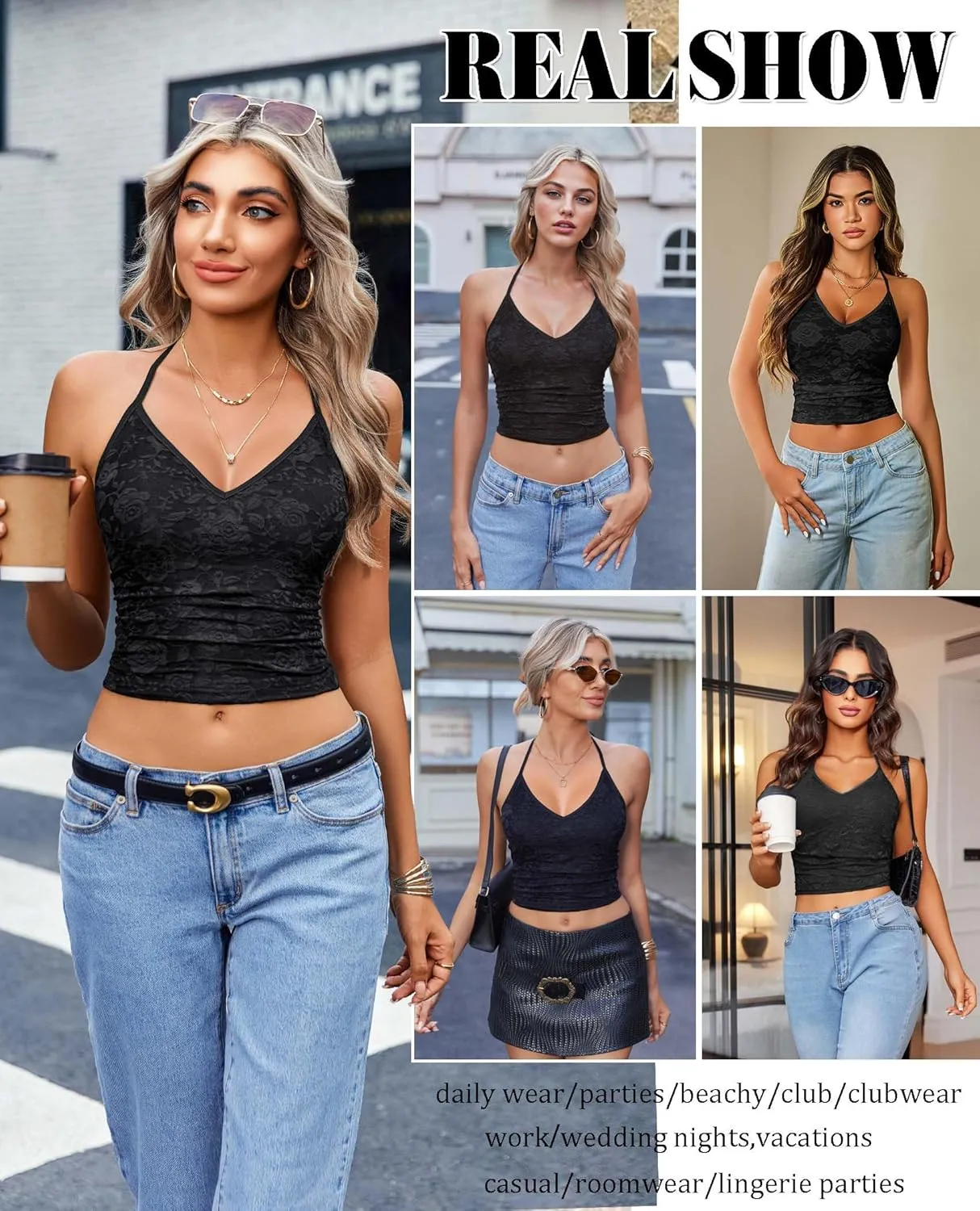 Avidlove Sexy Tops for Women Lace Camisole Y2k Halter Crop Top Slim Sleeveless Going Out Outfits 2025 Trendy