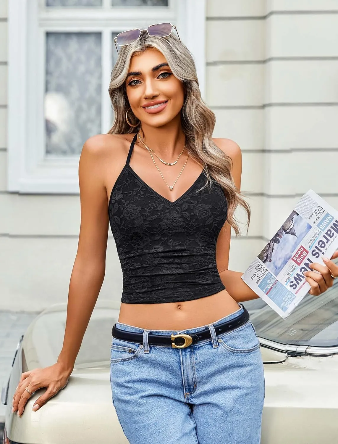 Avidlove Sexy Tops for Women Lace Camisole Y2k Halter Crop Top Slim Sleeveless Going Out Outfits 2025 Trendy