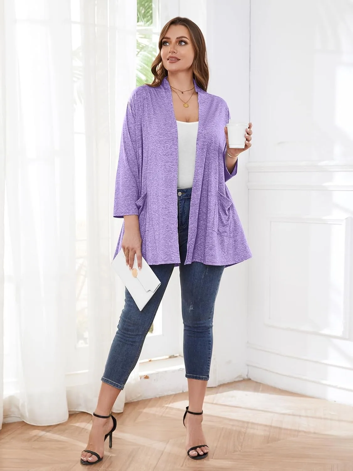 BELAROI Women Cardigan Casual Lightweight Plus Size Cardigan 3/4 Sleeve Open Front Soft Light Cardigan Drape Duster