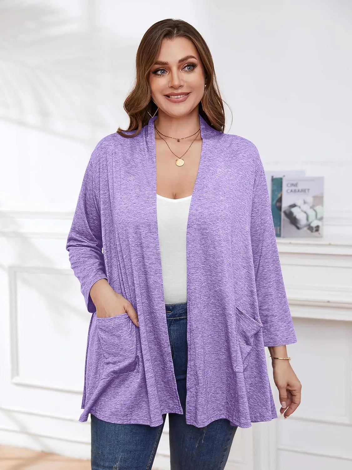 BELAROI Women Cardigan Casual Lightweight Plus Size Cardigan 3/4 Sleeve Open Front Soft Light Cardigan Drape Duster