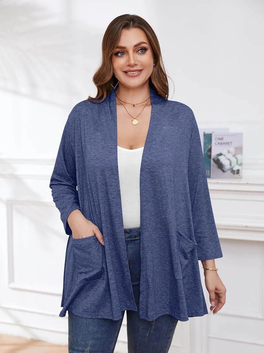 BELAROI Women Cardigan Casual Lightweight Plus Size Cardigan 3/4 Sleeve Open Front Soft Light Cardigan Drape Duster