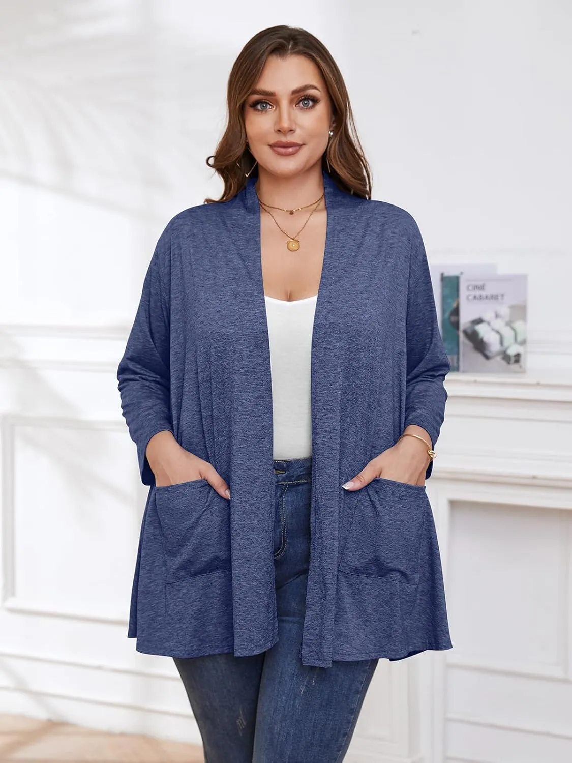 BELAROI Women Cardigan Casual Lightweight Plus Size Cardigan 3/4 Sleeve Open Front Soft Light Cardigan Drape Duster