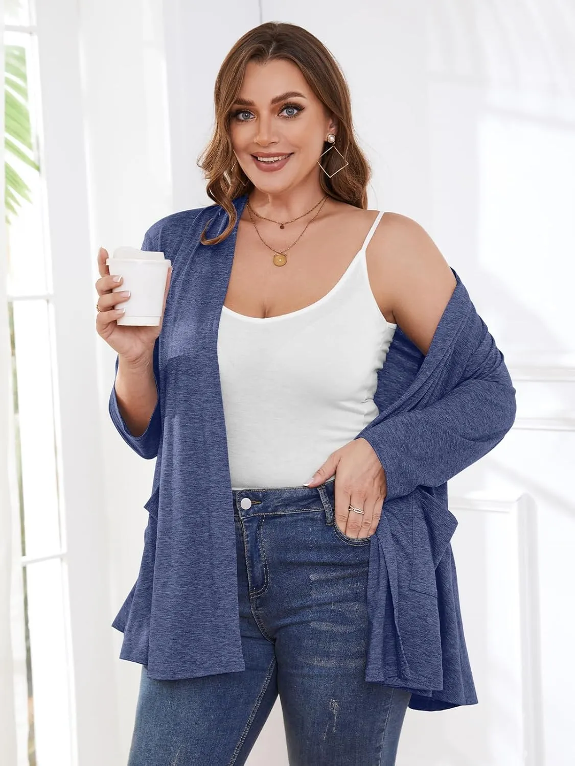 BELAROI Women Cardigan Casual Lightweight Plus Size Cardigan 3/4 Sleeve Open Front Soft Light Cardigan Drape Duster
