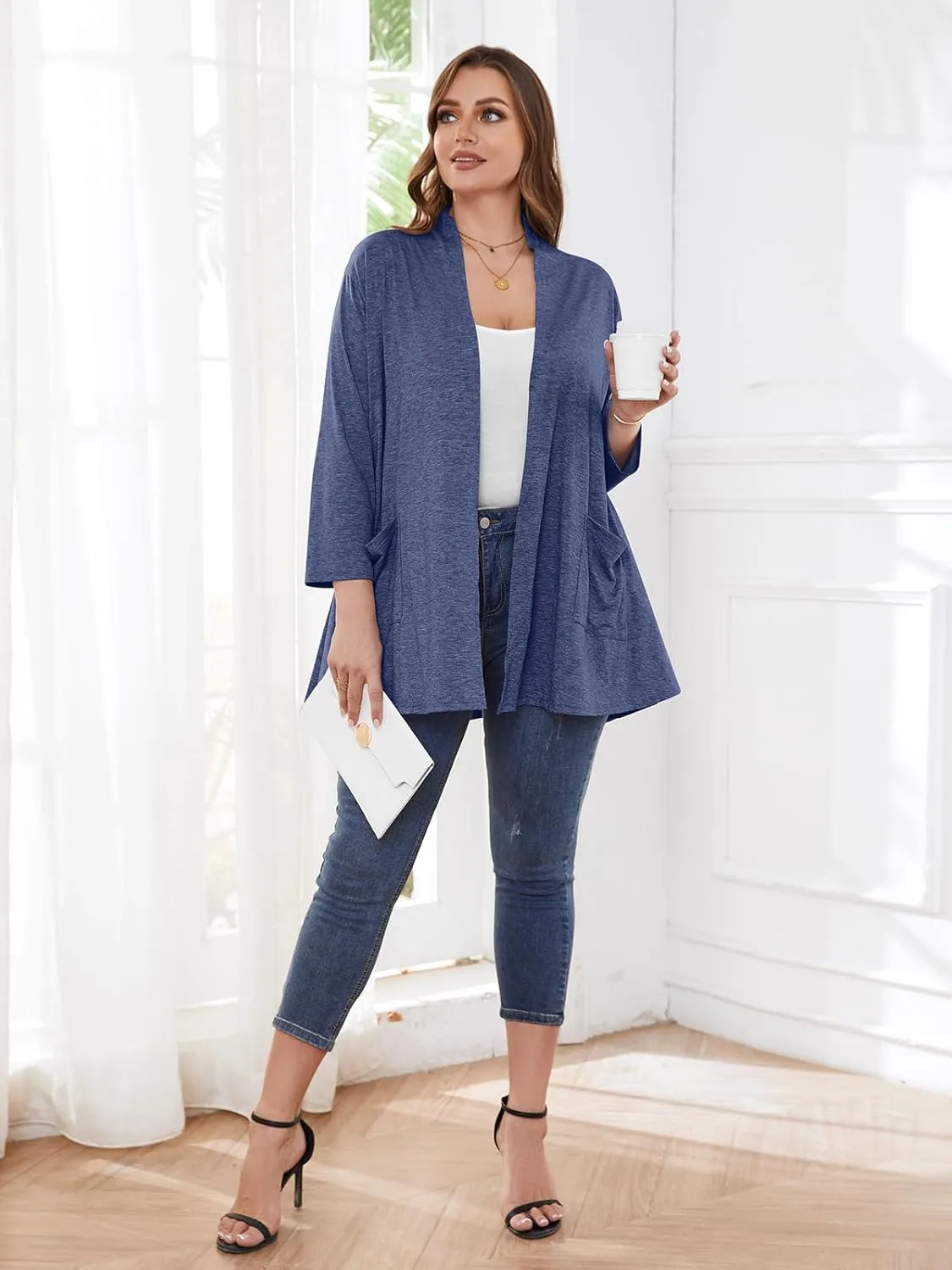 BELAROI Women Cardigan Casual Lightweight Plus Size Cardigan 3/4 Sleeve Open Front Soft Light Cardigan Drape Duster