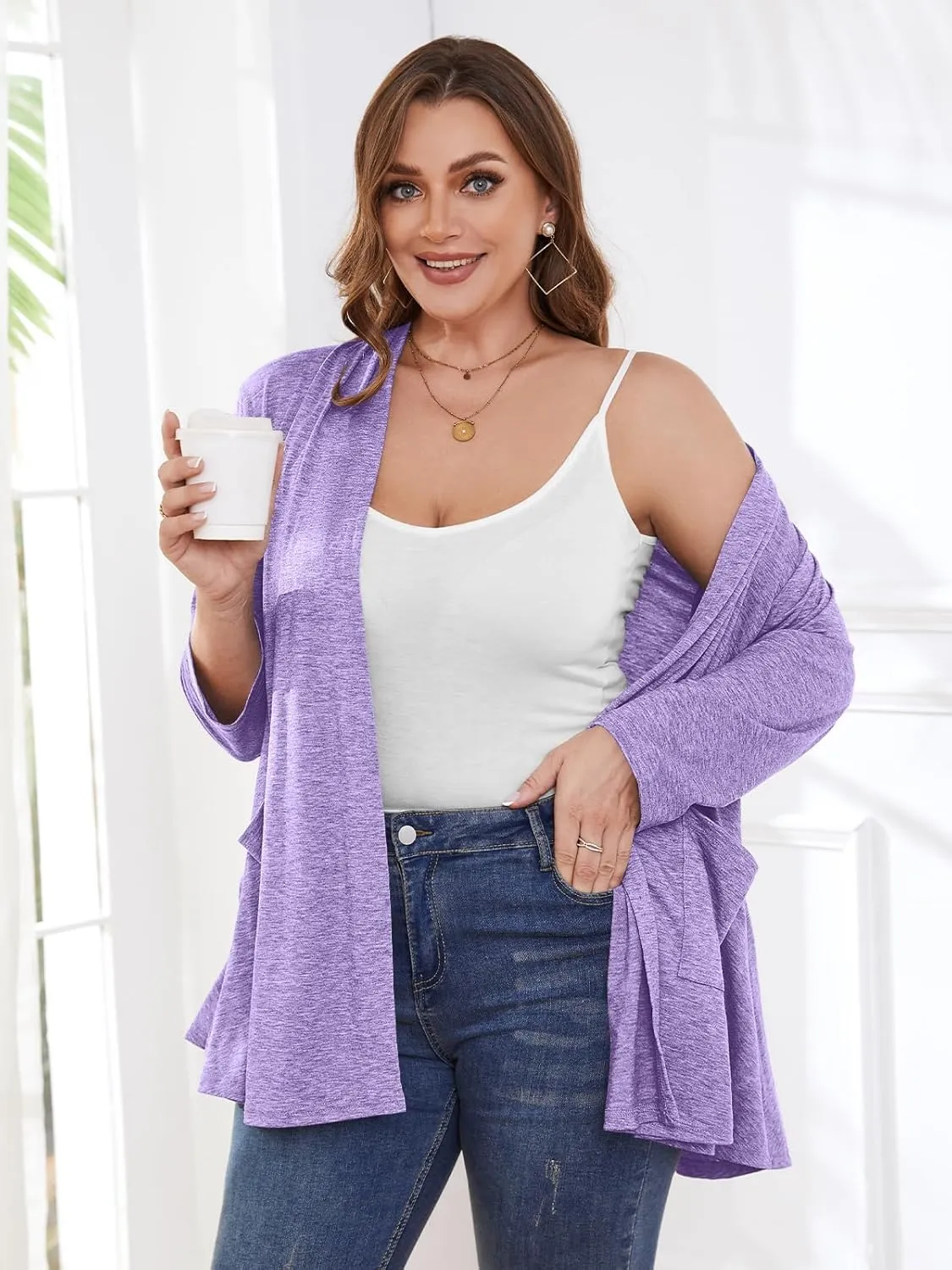 BELAROI Women Cardigan Casual Lightweight Plus Size Cardigan 3/4 Sleeve Open Front Soft Light Cardigan Drape Duster