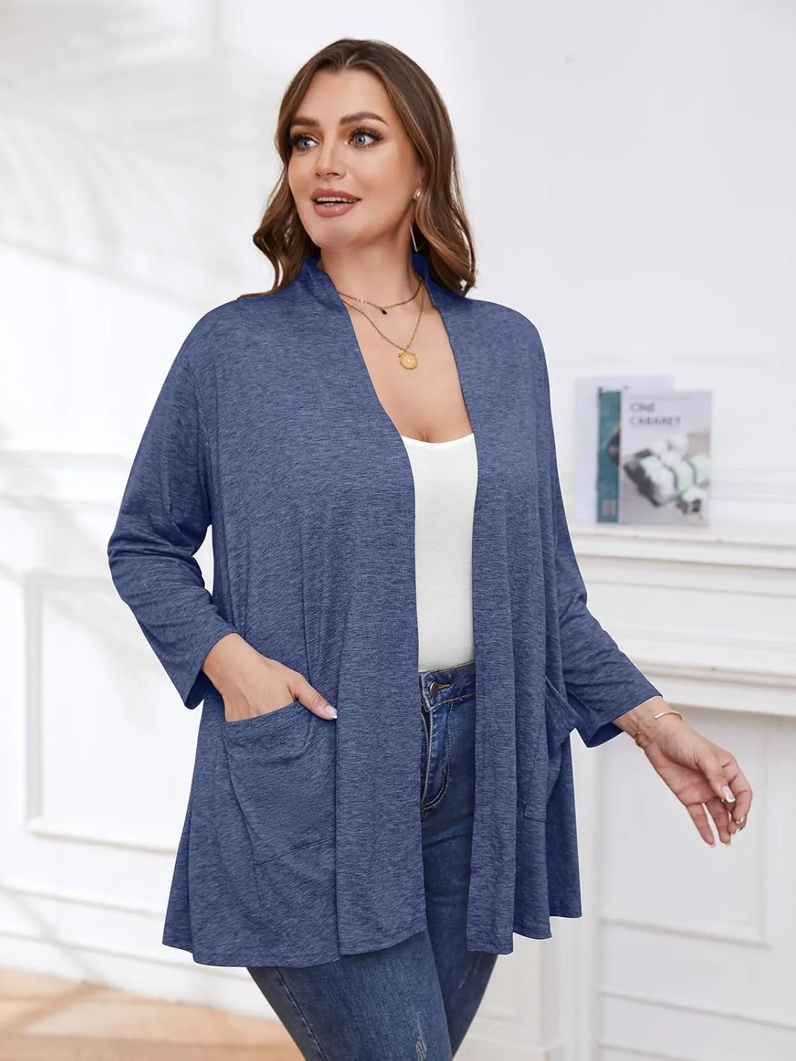 BELAROI Women Cardigan Casual Lightweight Plus Size Cardigan 3/4 Sleeve Open Front Soft Light Cardigan Drape Duster