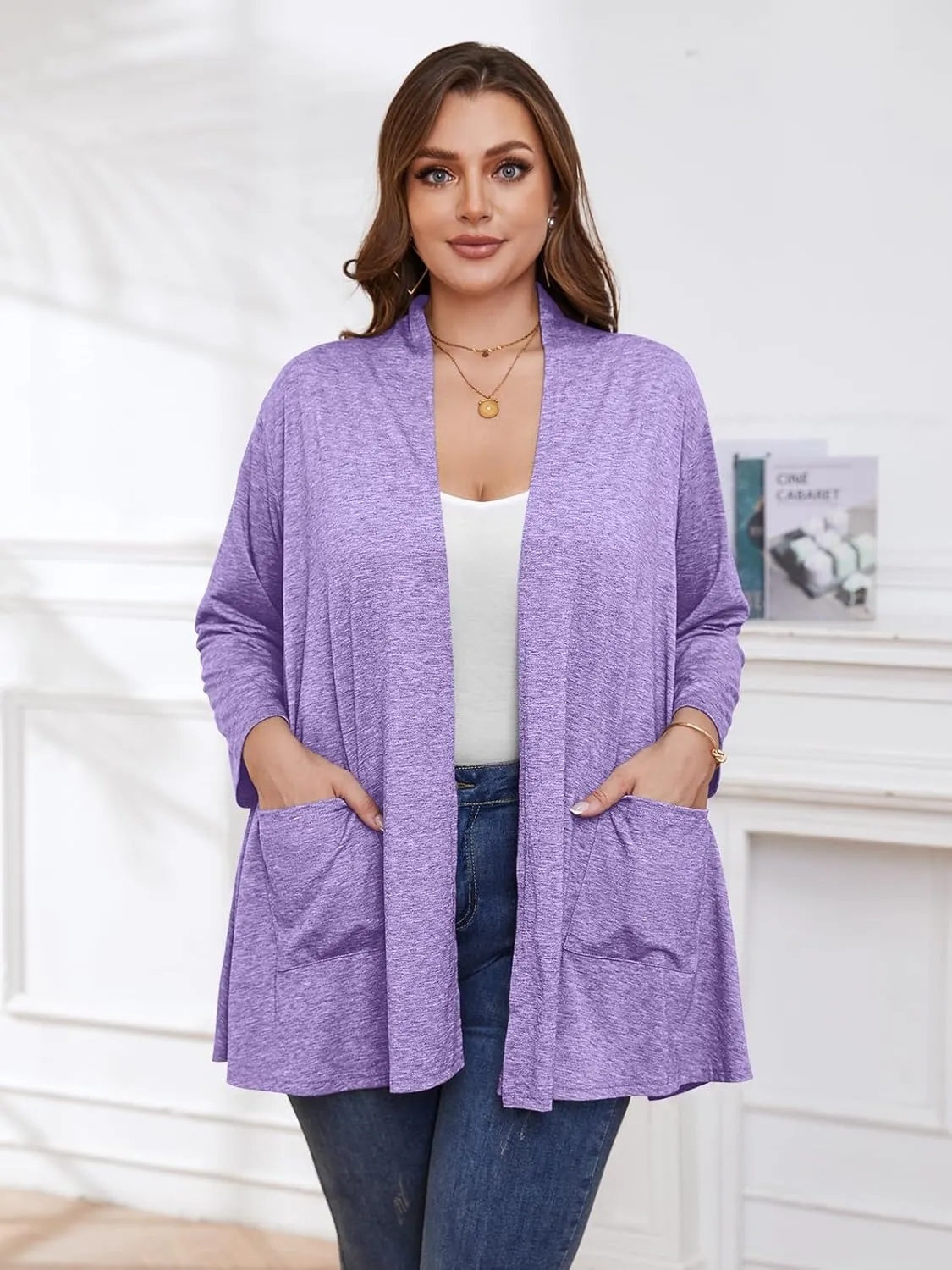 BELAROI Women Cardigan Casual Lightweight Plus Size Cardigan 3/4 Sleeve Open Front Soft Light Cardigan Drape Duster