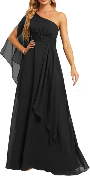 Bell Sleeve One Shoulder Chiffon Bridesmaid Dresses for Women Wedding 2024 Long Ruffle Evening Pleated Maxi Formal Gown