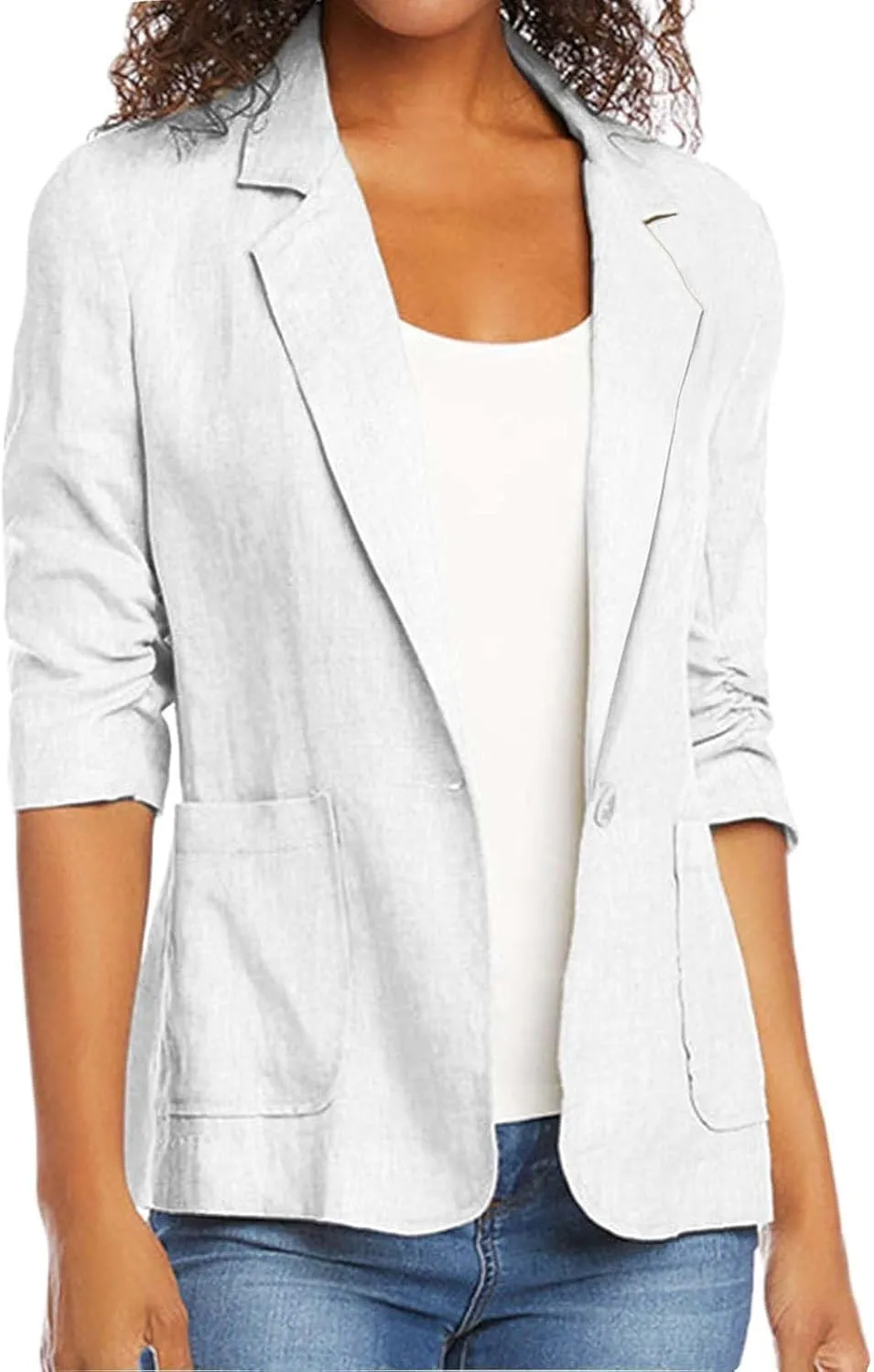 Binmer 2024 Fall Linen Blazer for Women 3/4 Stretchy Ruched Sleeve Suit Jacket Dressy Casual Lightweight Business Work Outfit