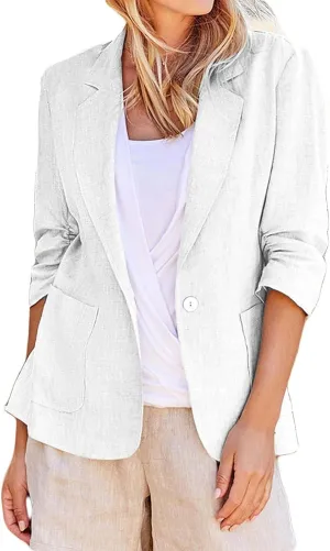 Binmer 2024 Fall Linen Blazer for Women 3/4 Stretchy Ruched Sleeve Suit Jacket Dressy Casual Lightweight Business Work Outfit