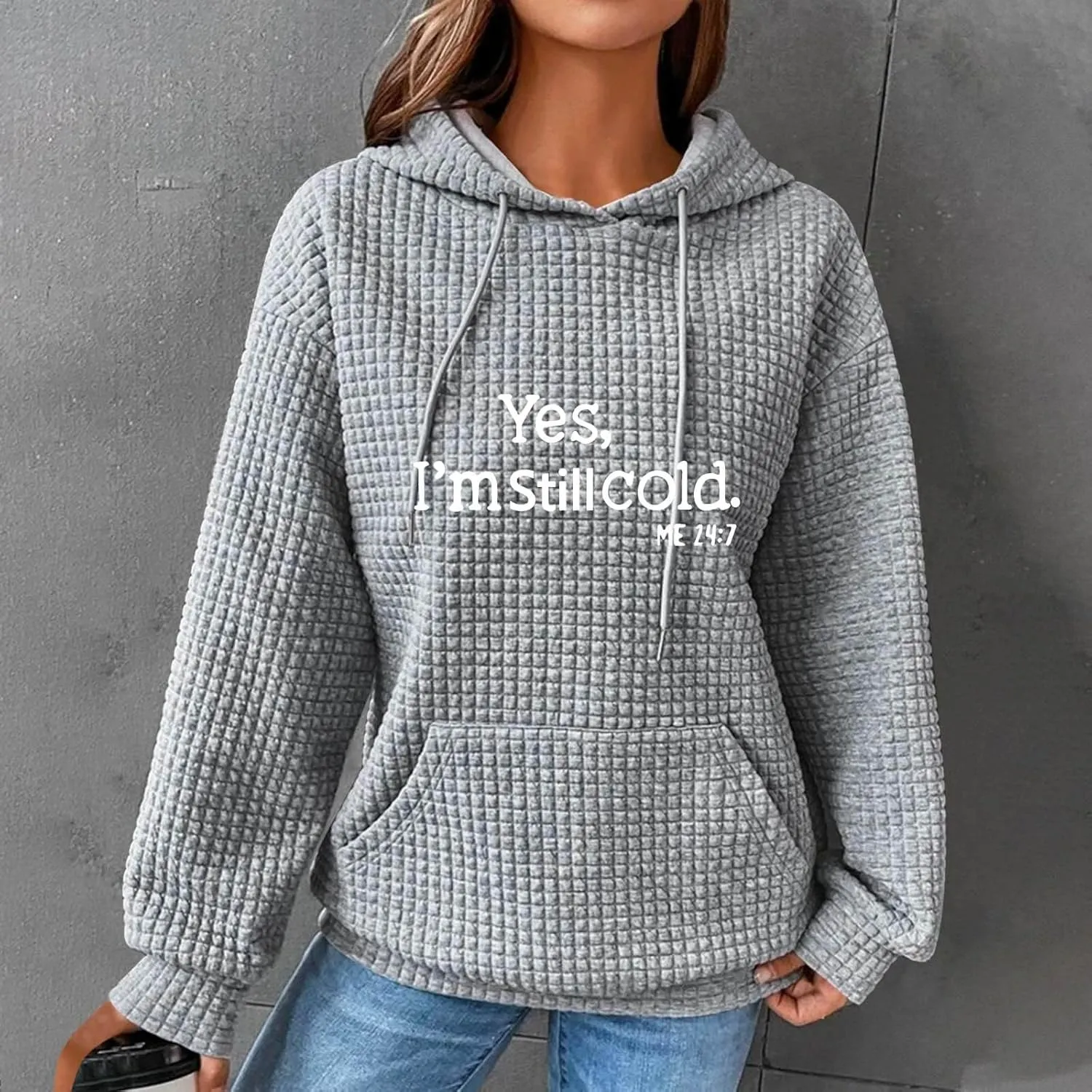 Binmer Oversized Waffle Hoodies for Womens with Sayings Yes,I'm Stil Freezing Me 24:7 Long Sleeve Sweatshirt Fall Gift Shirts
