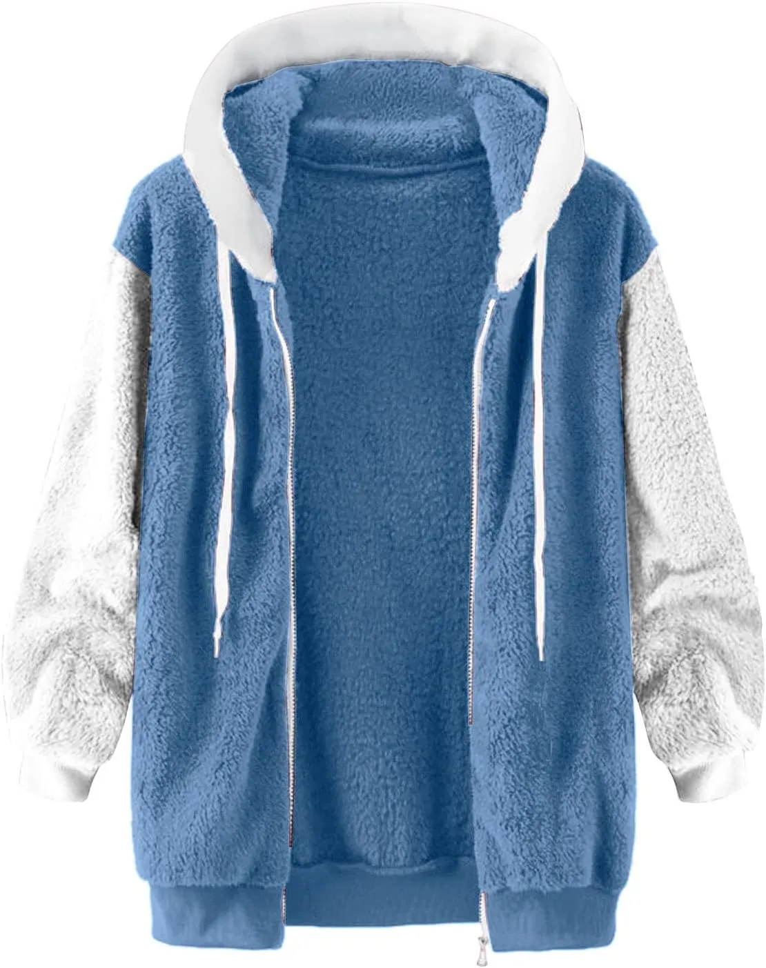 Binmer Womens Warm Fuzzy Zip Up Hoodie Plus Size Sherpa Jacket with Pocket Colorblock Long Sleeve Faux Fur Fleece Winter Coat