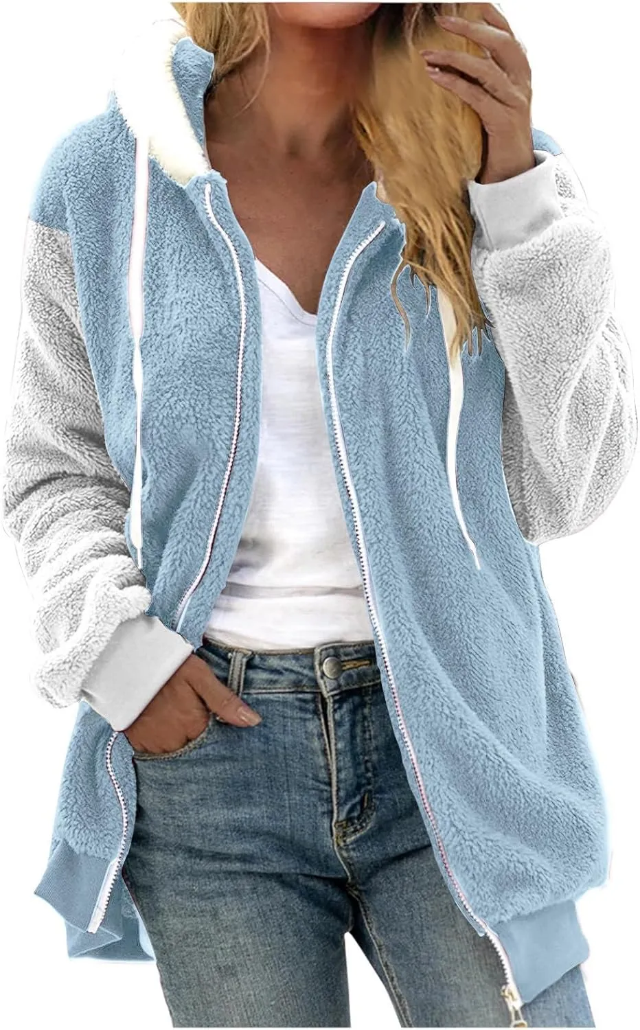 Binmer Womens Warm Fuzzy Zip Up Hoodie Plus Size Sherpa Jacket with Pocket Colorblock Long Sleeve Faux Fur Fleece Winter Coat