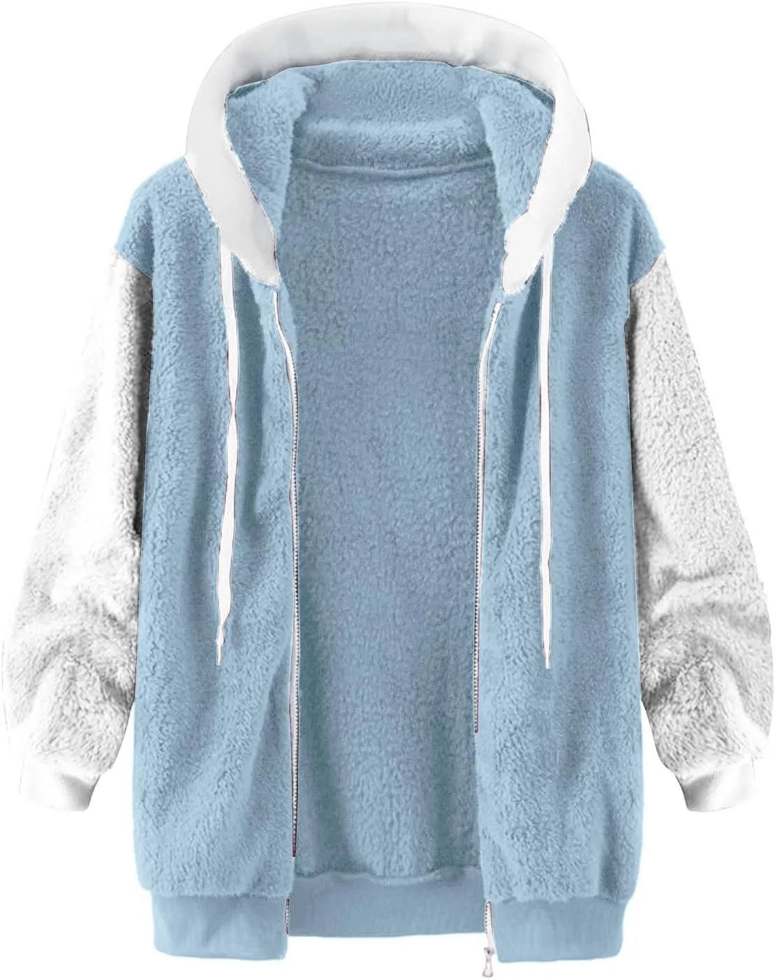 Binmer Womens Warm Fuzzy Zip Up Hoodie Plus Size Sherpa Jacket with Pocket Colorblock Long Sleeve Faux Fur Fleece Winter Coat