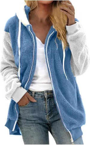 Binmer Womens Warm Fuzzy Zip Up Hoodie Plus Size Sherpa Jacket with Pocket Colorblock Long Sleeve Faux Fur Fleece Winter Coat