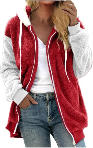 Binmer Womens Warm Fuzzy Zip Up Hoodie Plus Size Sherpa Jacket with Pocket Colorblock Long Sleeve Faux Fur Fleece Winter Coat
