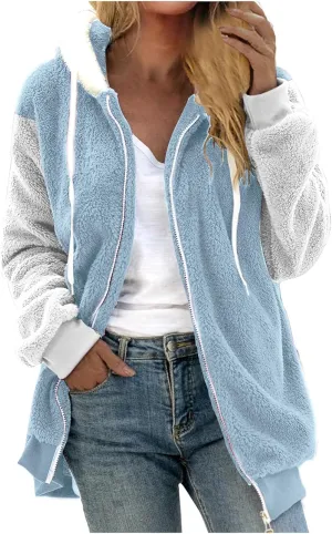Binmer Womens Warm Fuzzy Zip Up Hoodie Plus Size Sherpa Jacket with Pocket Colorblock Long Sleeve Faux Fur Fleece Winter Coat