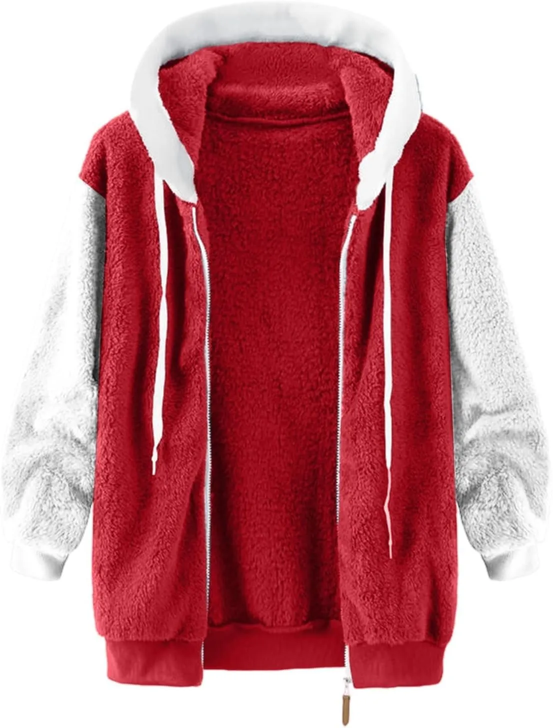Binmer Womens Warm Fuzzy Zip Up Hoodie Plus Size Sherpa Jacket with Pocket Colorblock Long Sleeve Faux Fur Fleece Winter Coat