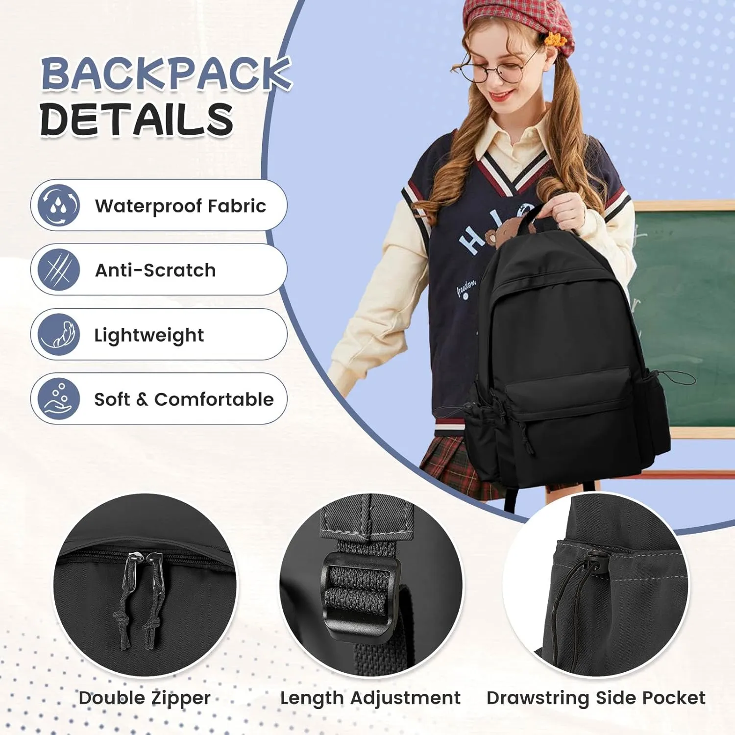Black School Backpack for Girls Women Waterproof High School Book Bag Cute Backpack for Men Teens Boys, Lightweight Simple Middle School Back Pack Daypack