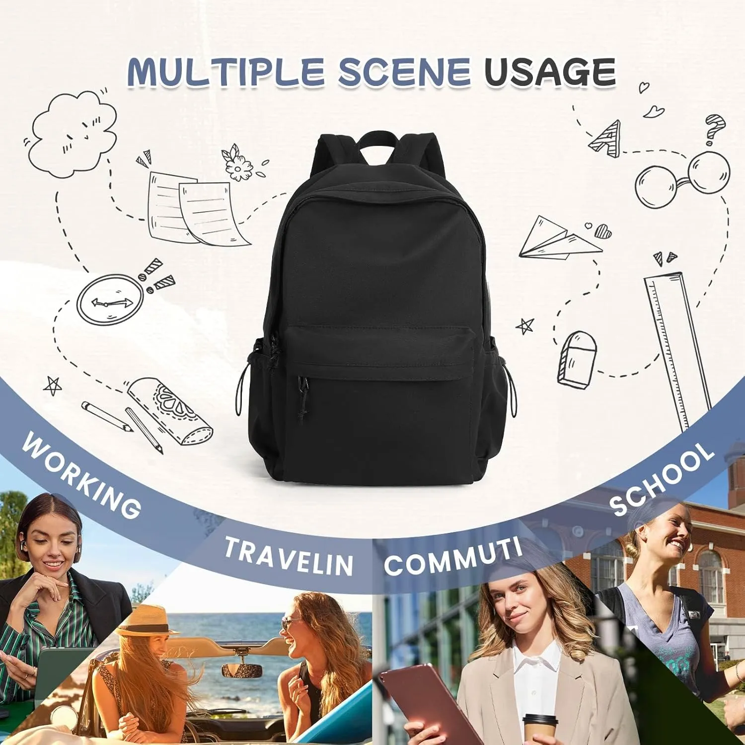 Black School Backpack for Girls Women Waterproof High School Book Bag Cute Backpack for Men Teens Boys, Lightweight Simple Middle School Back Pack Daypack