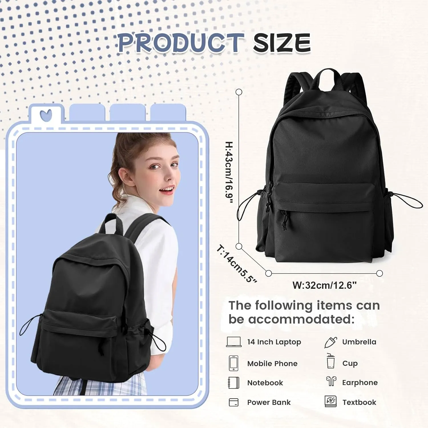 Black School Backpack for Girls Women Waterproof High School Book Bag Cute Backpack for Men Teens Boys, Lightweight Simple Middle School Back Pack Daypack