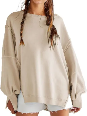 Bobeutou Womens Oversized Crewneck Sweatshirt Trendy Hoodies Teen Girls Loose Fit Side Slit Long Sleeves Shirts Pullover Top