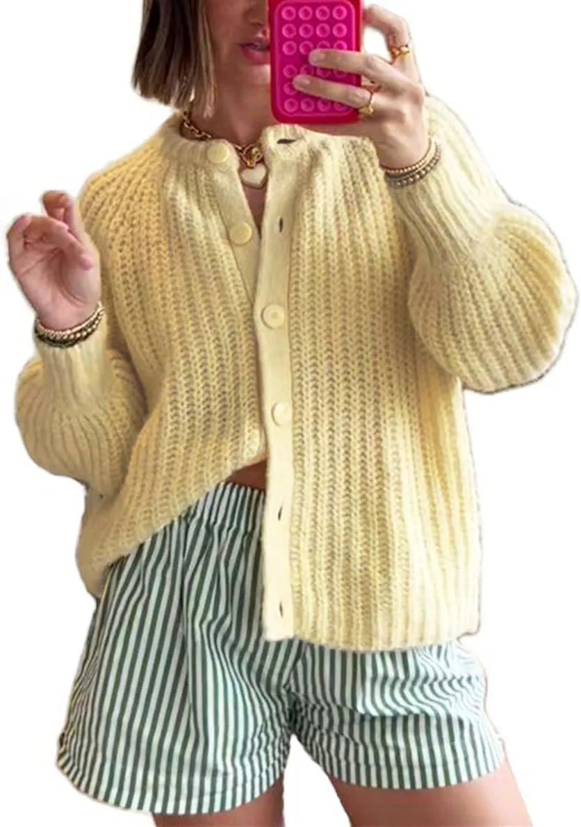 Bocymolay Womens Cardigan Sweaters Casual Button Down Crewneck Knitted Jacket Loose Fall Chunky Outwear