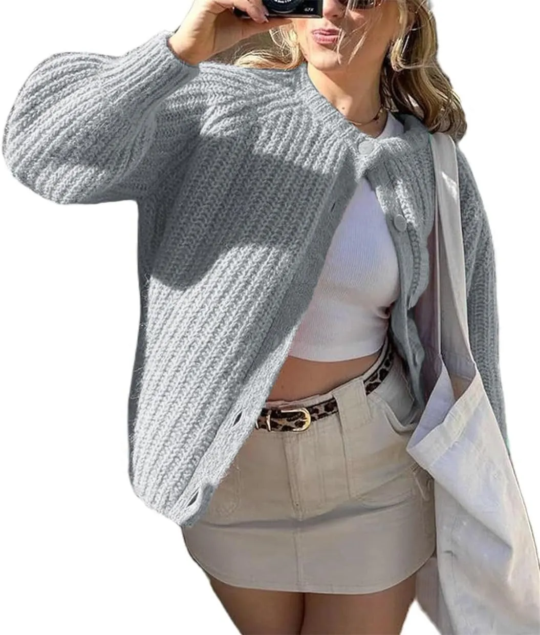 Bocymolay Womens Cardigan Sweaters Casual Button Down Crewneck Knitted Jacket Loose Fall Chunky Outwear