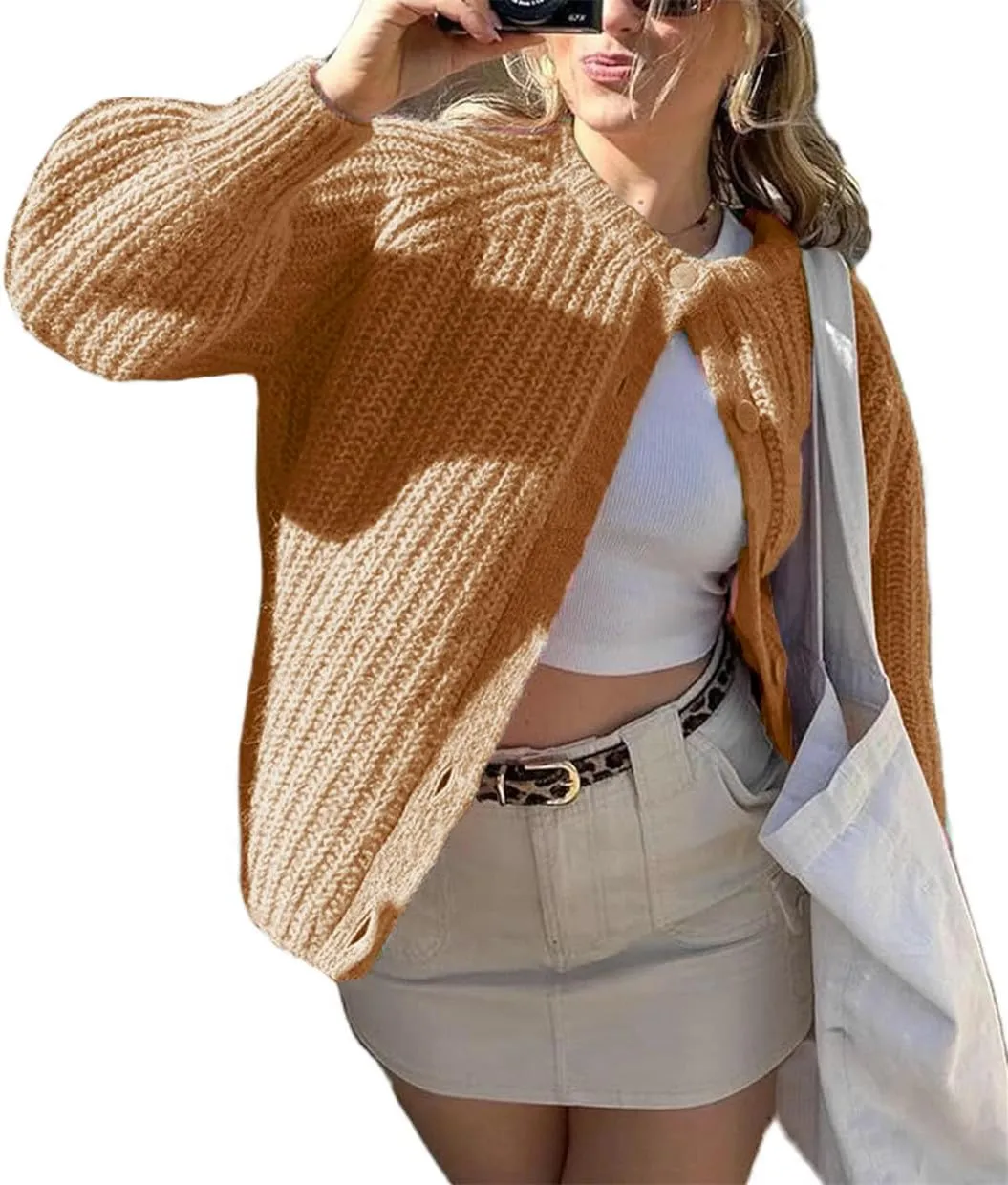 Bocymolay Womens Cardigan Sweaters Casual Button Down Crewneck Knitted Jacket Loose Fall Chunky Outwear